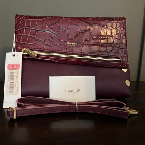 Hammitt Burgundy Croc-Embossed Wristlet with Gold Accents - Picture 1 of 4